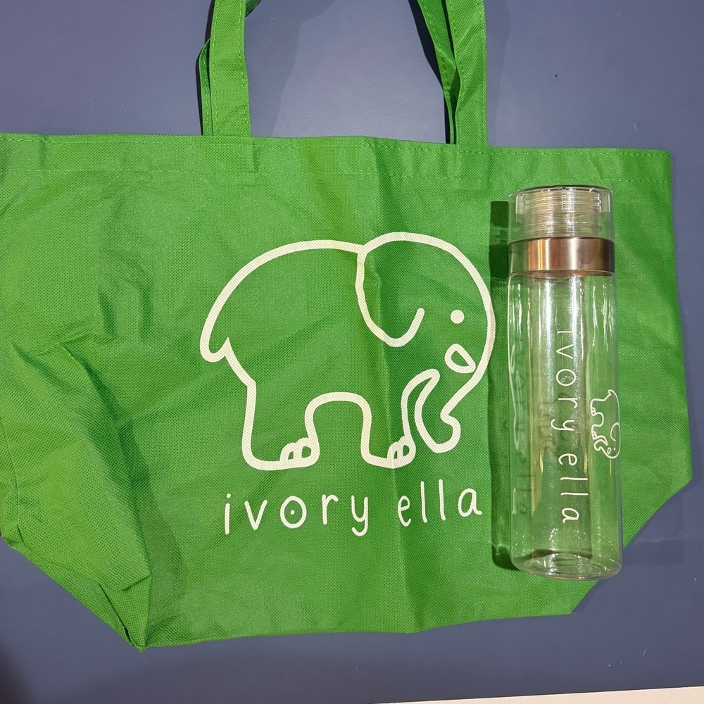 Ivory Ella Green Reusable Tote Bag and Clear‎ Rose Gold Water Bottle Set